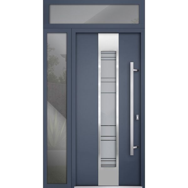 Front Exterior Prehung Steel Door / Deux 0757 Gray Graphite / Sidelight and Transom Window / Stainless Inserts Single Modern Painted-W36+16" x H80+16"-Left-hand Inswing