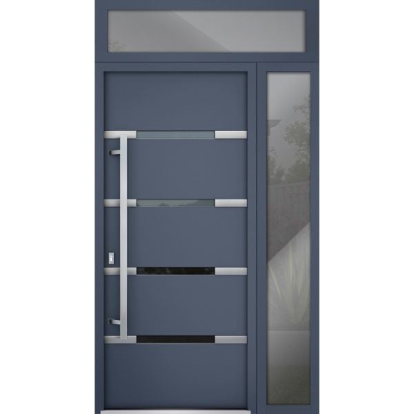 Front Exterior Prehung Steel Door / Deux 1105 Gray Graphite / Sidelight and Transom Window / Stainless Inserts Single Modern Painted-W36+16" x H80+16"-Right-hand Inswing