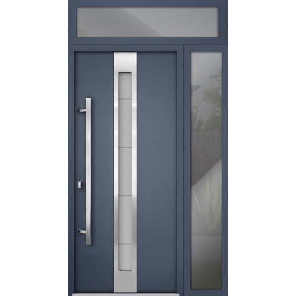 Front Exterior Prehung Steel Door / Deux 1717 Gray Graphite / Stainless Inserts Single Modern Painted-W52" x H96"-Right-hand Inswing