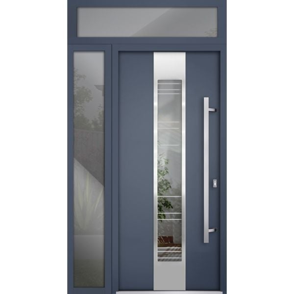 Front Exterior Prehung Steel Door / Deux 5755 Gray Graphite / Sidelight and Transom Window / Stainless Inserts Single Modern Painted-W36+14" x H80+16"-Left-hand Inswing