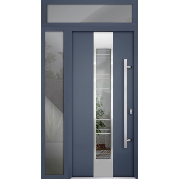Front Exterior Prehung Steel Door / Deux 5755 Gray Graphite / Sidelight and Transom Window / Stainless Inserts Single Modern Painted-W36+16" x H80+16"-Left-hand Inswing