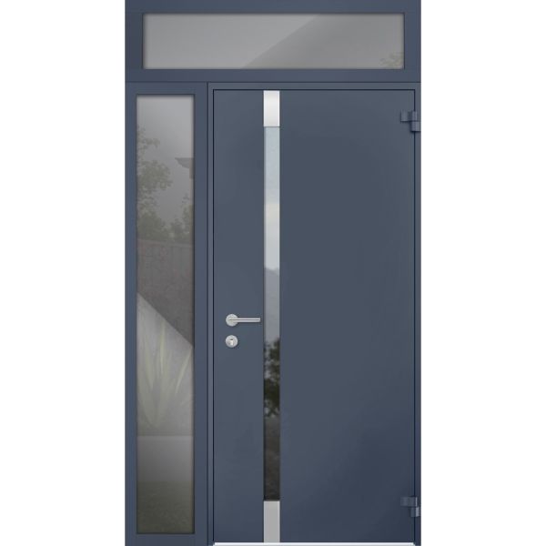 Front Exterior Prehung Steel Door / Cynex 6777 Grey / Sidelight and Transom Window / Stainless Inserts Single Modern Painted-W36+16" x H80+16"-Right-hand Outswing