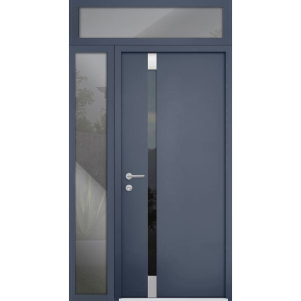 Front Exterior Prehung Steel Door / Cynex 6777 Grey / Sidelight and Transom Window / Stainless Inserts Single Modern Painted-W36+12" x H80+16"-Right-hand Inswing
