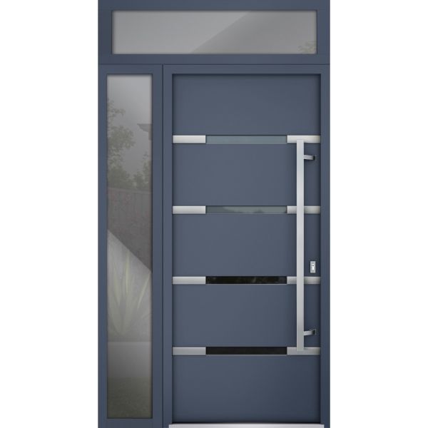 Front Exterior Prehung Steel Door / Deux 1105 Gray Graphite / Sidelight and Transom Window / Stainless Inserts Single Modern Painted-W36+14" x H80+16"-Left-hand Inswing