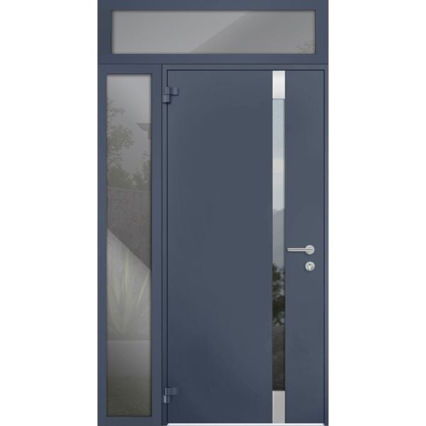 Front Exterior Prehung Steel Door / Cynex 6777 Grey / Sidelight and Transom Window / Stainless Inserts Single Modern Painted-W36+16" x H80+16"-Left-hand Outswing
