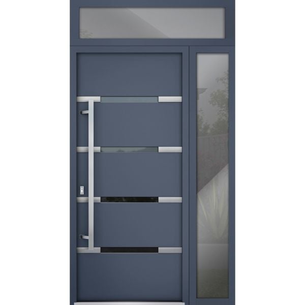 Front Exterior Prehung Steel Door / Deux 1105 Gray Graphite / Side and Top Exterior Window / Stainless Inserts Single Modern Painted-W36+12" x H80+16"-Right-hand Inswing