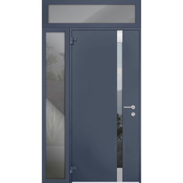 Front Exterior Prehung Steel Door / Cynex 6777 Grey / Sidelight and Transom Window / Stainless Inserts Single Modern Painted-W32+14" x H80+16"-Left-hand Outswing