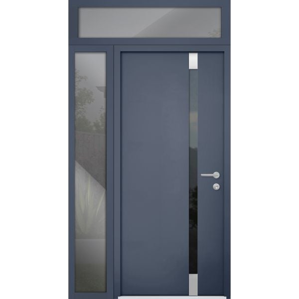 Front Exterior Prehung Steel Door / Cynex 6777 Grey / Sidelight and Transom Window / Stainless Inserts Single Modern Painted-W36+16" x H80+16"-Left-hand Inswing