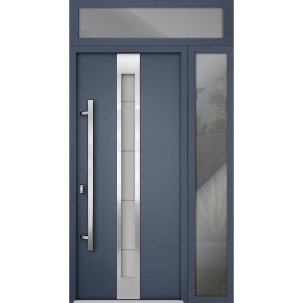 Front Exterior Prehung Steel Door / Deux 1717 Gray Graphite / Stainless Inserts Single Modern Painted-W48" x H96"-Right-hand Inswing