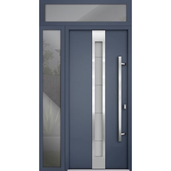 Front Exterior Prehung Steel Door / Deux 1717 Gray Graphite / Sidelight and Transom Window / Stainless Inserts Single Modern Painted-W36+12" x H80+16"-Left-hand Inswing