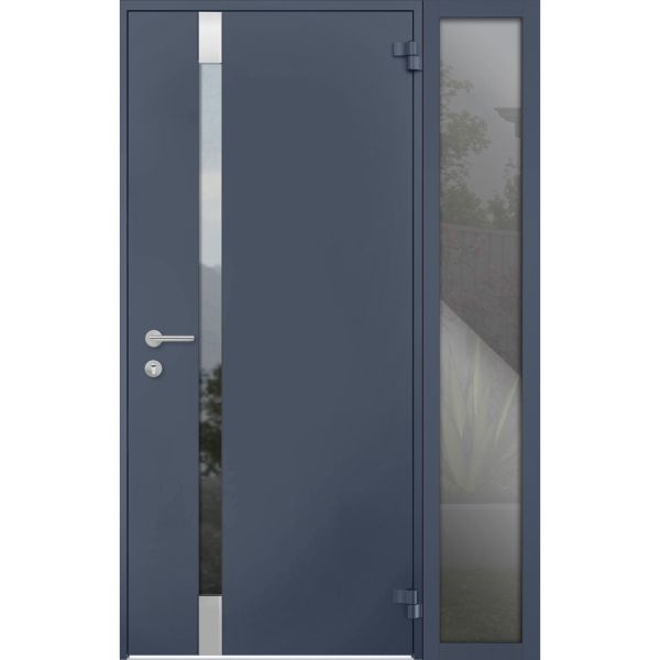 Front Exterior Prehung Steel Door / Cynex 6777 Grey / Sidelight Exterior Window /  Stainless Inserts Single Modern Painted-W36+12" x H80"-Right-hand Outswing