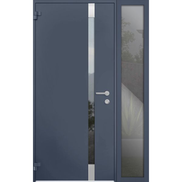 Front Exterior Prehung Steel Door / Cynex 6777 Grey / Sidelight Exterior Window / Stainless Inserts Single Modern Painted-W32+14" x H80"-Left-hand Outswing