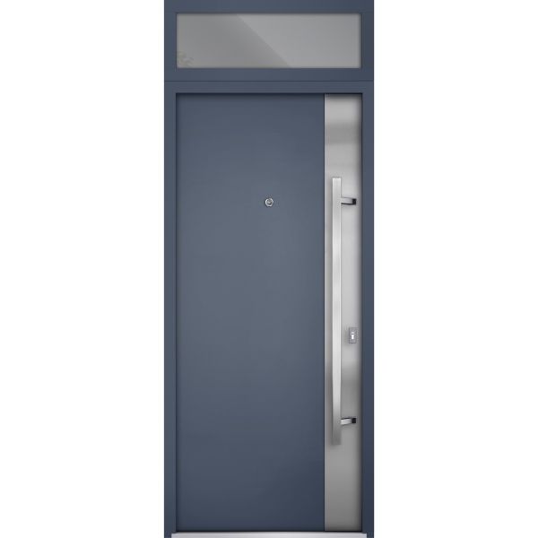 Front Exterior Prehung Steel Door / Deux 0729 Gray Graphite / Transom Window / Stainless Inserts Single Modern Painted-W36" x H80+16"-Left-hand Inswing