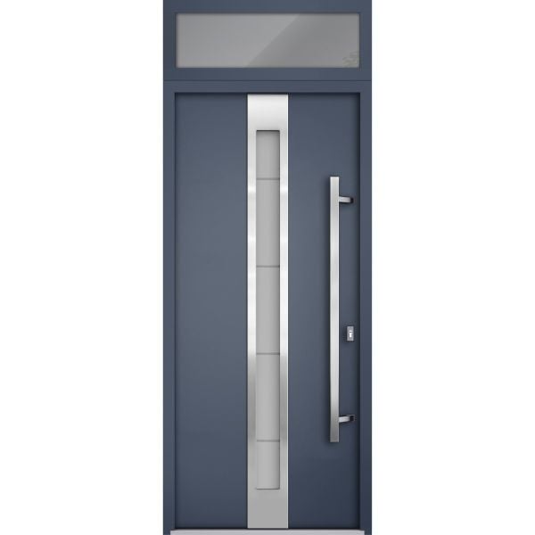 Front Exterior Prehung Steel Door / Deux 1717 Gray Graphite / Transom Window / Stainless Inserts Single Modern Painted-W36" x H80+16"-Left-hand Inswing