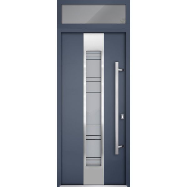 Front Exterior Prehung Steel Door / Deux 0757 Gray Graphite / Transom Window / Stainless Inserts Single Modern Painted-W36" x H80+16"-Left-hand Inswing