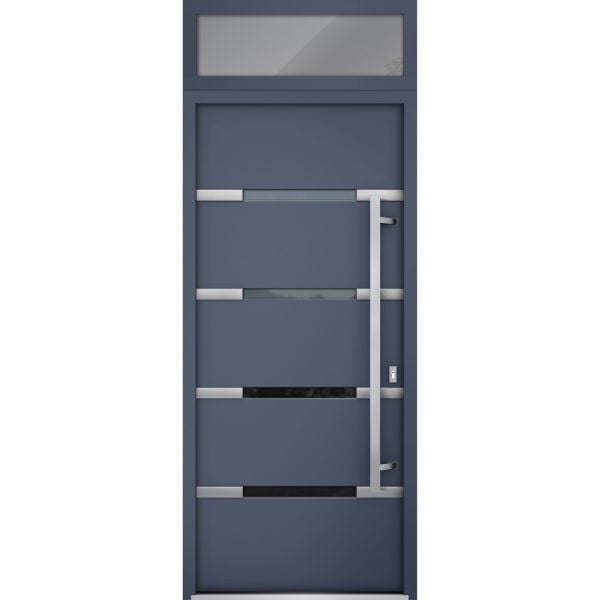 Front Exterior Prehung Steel Door / Deux 1105 Gray Graphite / Transom Window / Stainless Inserts Single Modern Painted-W36" x H80+16"-Left-hand Outswing