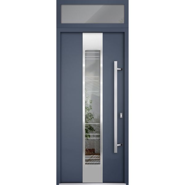 Front Exterior Prehung Steel Door / Deux 5755 Gray Graphite / Transom Window / Stainless Inserts Single Modern Painted-W36" x H80+16"-Left-hand Inswing