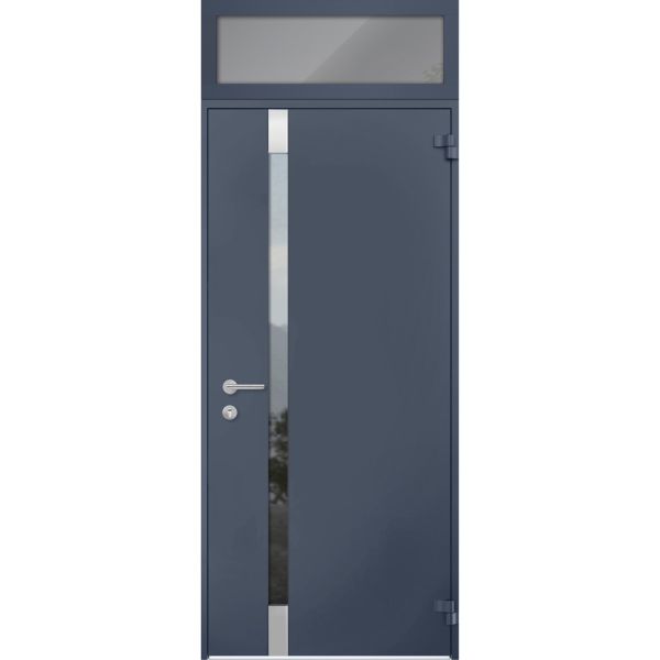 Front Exterior Prehung Steel Door / Cynex 6777 Grey / Transom Window / Stainless Inserts Single Modern Painted-W36" x H80+16"-Right-hand Outswing