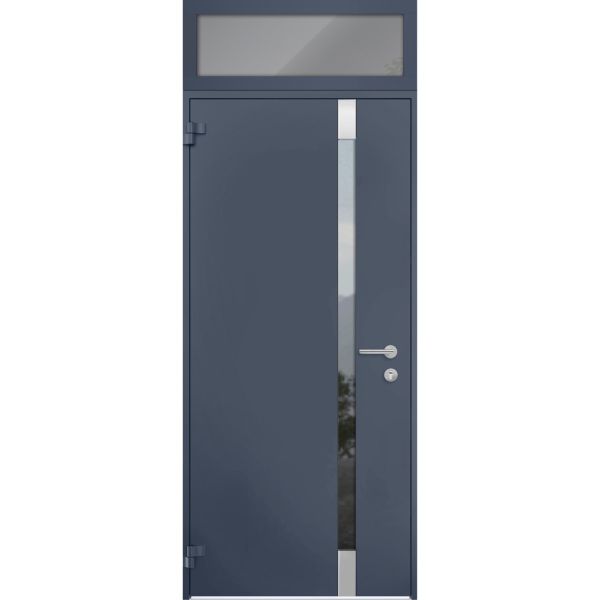 Front Exterior Prehung Steel Door / Cynex 6777 Grey / Transom Window / Stainless Inserts Single Modern Painted-W36" x H80+16"-Left-hand Outswing