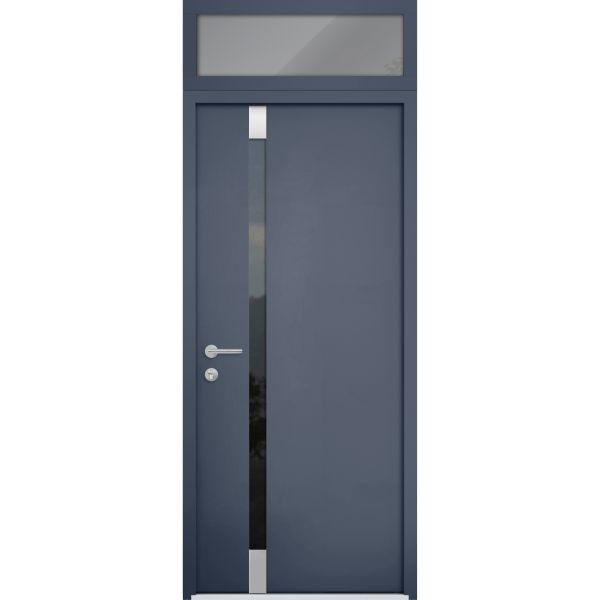 Front Exterior Prehung Steel Door / Cynex 6777 Grey / Transom Window / Stainless Inserts Single Modern Painted-W36" x H80+16"-Right-hand Inswing