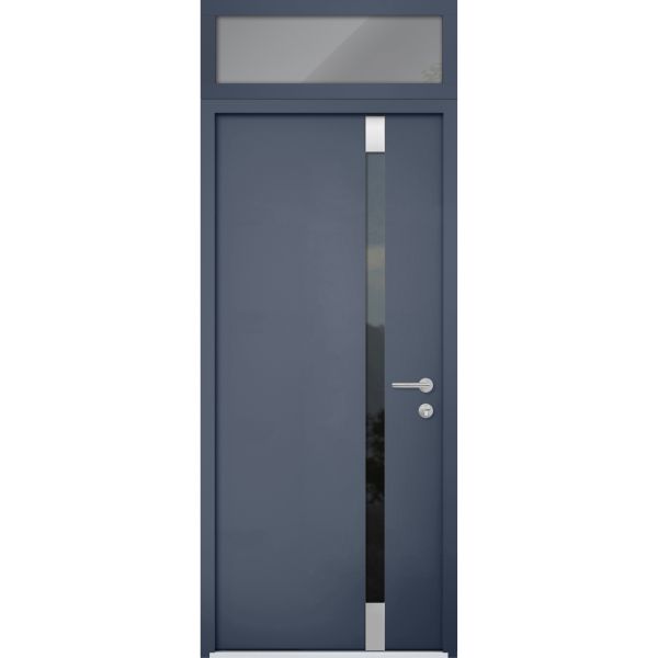 Front Exterior Prehung Steel Door / Cynex 6777 Grey / Transom Window / Stainless Inserts Single Modern Painted-W36" x H80+16"-Left-hand Inswing