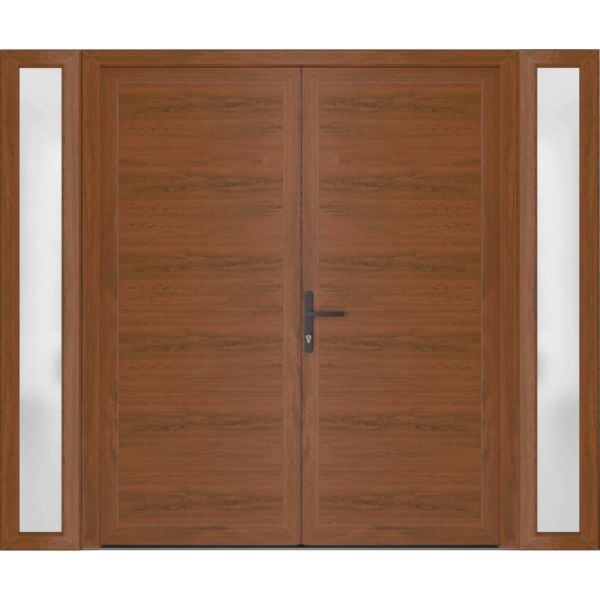 Front Exterior Prehung Metal-Plastic Double Doors / MANUX 8111 Walnut / 2 Sidelites Exterior WindoWLN / Office Commercial and Residential Doors Entrance Patio Garage 104" x 80" Right-Hand