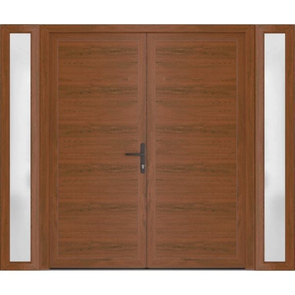Front Exterior Prehung Metal-Plastic Double Doors / MANUX 8111 Walnut / 2 Sidelites Exterior WindoWLN / Office Commercial and Residential Doors Entrance Patio Garage 100" x 80" Left-Hand