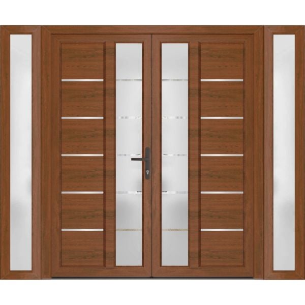 Front Exterior Prehung Metal-Plastic Double Doors / MANUX 8088 Walnut / 2 Sidelites Exterior WindoWLN / Office Commercial and Residential Doors Entrance Patio Garage 104" x 80" Left-Hand