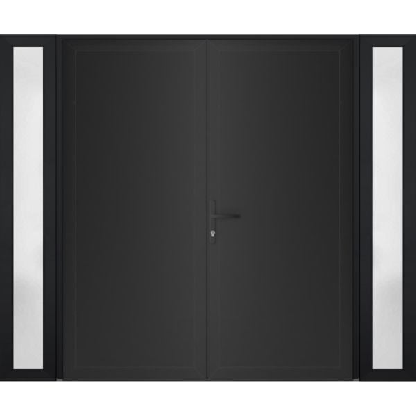 Front Exterior Prehung Metal-Plastic Double Doors / MANUX 8111 Matte Black / 2 Sidelites Exterior Windows / Office Commercial and Residential Doors Entrance Patio Garage 100" x 80" Right-Hand