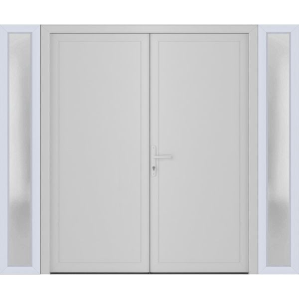 Front Exterior Prehung Metal-Plastic Double Doors / MANUX 8111 White Silk / 2 Sidelites Exterior Windows / Office Commercial and Residential Doors Entrance Patio Garage 100" x 80" Right-Hand