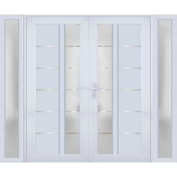 Front Exterior Prehung Metal-Plastic Double Doors / MANUX 8088 White Silk / 2 Sidelites Exterior Windows / Office Commercial and Residential Doors Entrance Patio Garage 100" x 80" Right-Hand