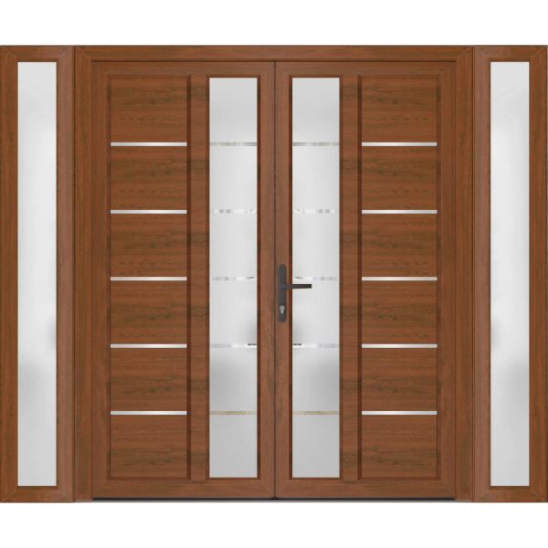 Front Exterior Prehung Metal-Plastic Double Doors / MANUX 8088 Walnut / 2 Sidelites Exterior WindoWLN / Office Commercial and Residential Doors Entrance Patio Garage 104" x 80" Right-Hand