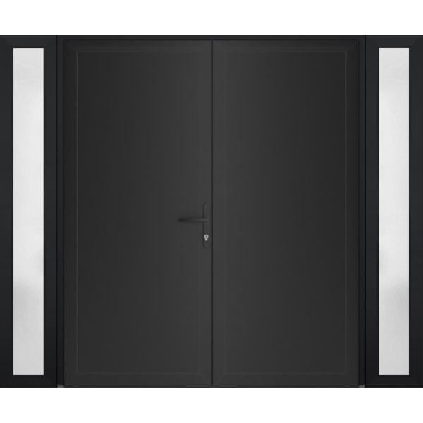 Front Exterior Prehung Metal-Plastic Double Doors / MANUX 8111 Matte Black / 2 Sidelites Exterior Windows / Office Commercial and Residential Doors Entrance Patio Garage 100" x 80" Left-Hand