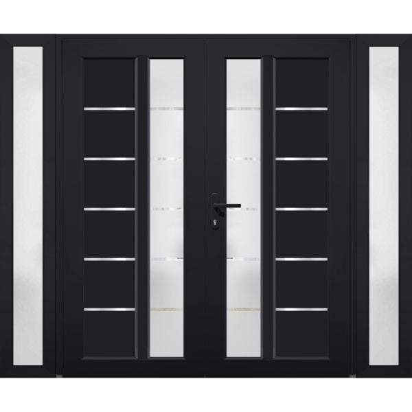 Front Exterior Prehung Metal-Plastic Double Doors / MANUX 8088 Matte Black / 2 Sidelites Exterior Windows / Office Commercial and Residential Doors Entrance Patio Garage 100" x 80" Right-Hand