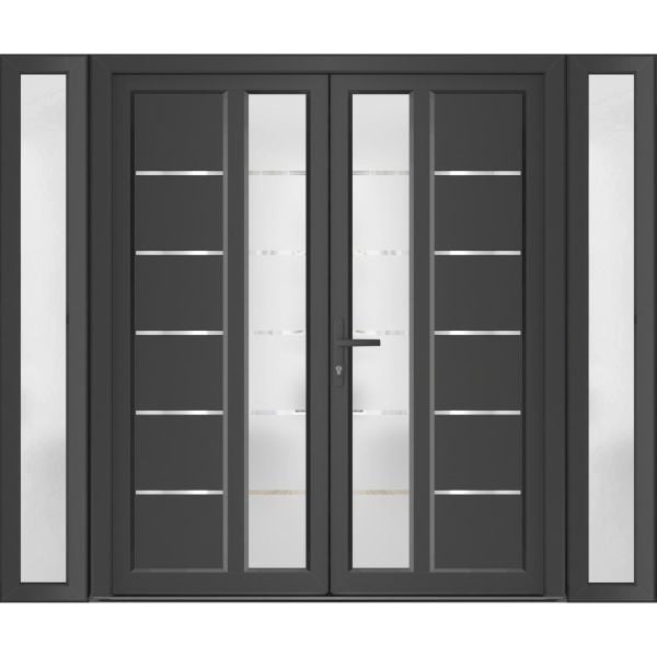Front Exterior Prehung Metal-Plastic Double Doors / MANUX 8088 Antracite / 2 Sidelites Exterior WindoANT / Office Commercial and Residential Doors Entrance Patio Garage 104" x 80" Right-Hand