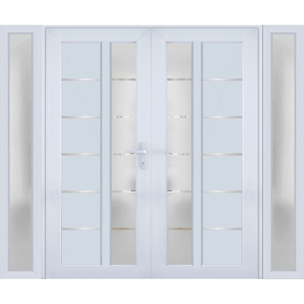 Front Exterior Prehung Metal-Plastic Double Doors / MANUX 8088 White Silk / 2 Sidelites Exterior Windows / Office Commercial and Residential Doors Entrance Patio Garage 100" x 80" Left-Hand