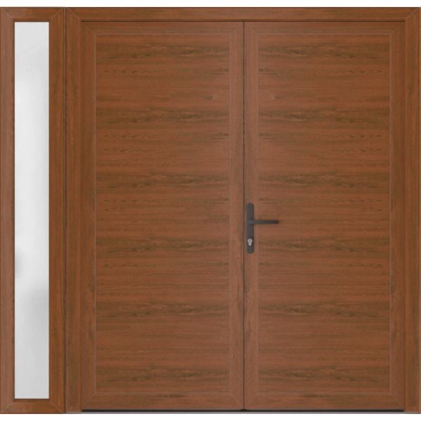 Front Exterior Prehung Metal-Plastic Double Doors / MANUX 8111 Walnut / Sidelite Exterior Window / Office Commercial and Residential Doors Entrance Patio Garage 84" x 80" Right-Hand