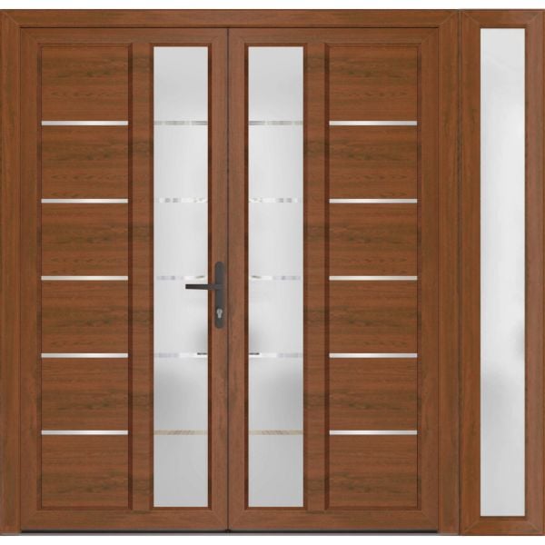 Front Exterior Prehung Metal-Plastic Double Doors / MANUX 8088 Walnut / Sidelite Exterior Window / Office Commercial and Residential Doors Entrance Patio Garage 86" x 80" Left-Hand
