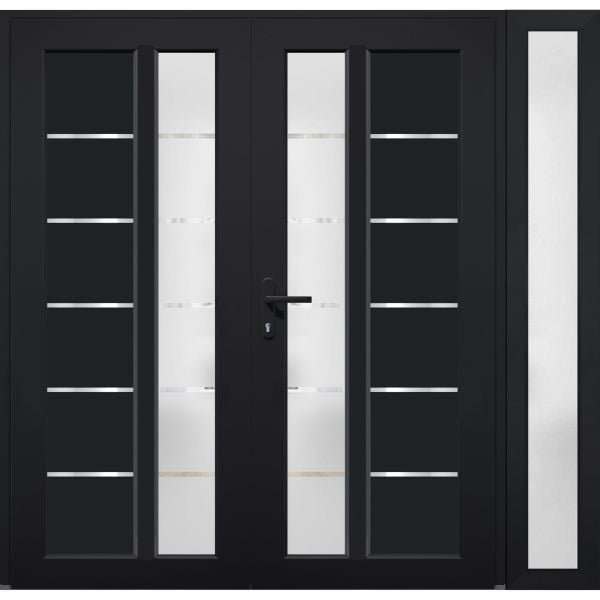 Front Exterior Prehung Metal-Plastic Double Doors / MANUX 8088 Matte Black / Sidelite Exterior Window / Office Commercial and Residential Doors Entrance Patio Garage 84" x 80" Right-Hand