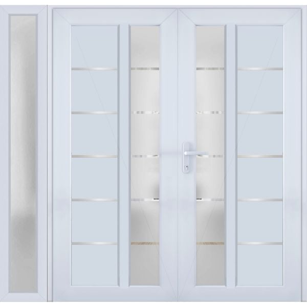 Front Exterior Prehung Metal-Plastic Double Doors / MANUX 8088 White Silk / Sidelite Exterior Window / Office Commercial and Residential Doors Entrance Patio Garage 88" x 80" Right-Hand