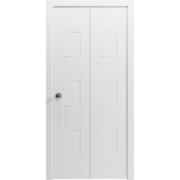Sliding Closet Bi-fold Doors 36 x 80 inches | Mela 0755 Painted White | Sturdy Tracks Moldings Trims Hardware Set | Wood Solid Bedroom Wardrobe Doors