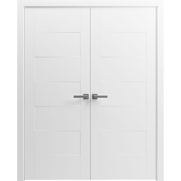 Interior Solid French Double Doors 36 x 80 inches / Mela 0755 Painted White / Wood Interior Solid Panel Frame / Closet Bedroom Modern Doors