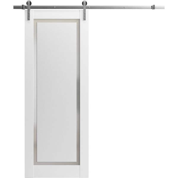 Sliding Barn Door with Stainless Steel 6.6ft Hardware | Planum 0888 Painted White with Frosted Glass | Rail Hangers Sturdy Silver Set | Modern Solid Panel Interior Doors-18" x 80"-Silver Rail
