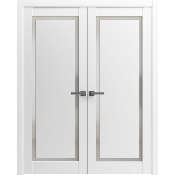 Planum Solid French Double Doors | Planum 0888 Painted White with Frosted Glass | Wood Solid Panel Frame Trims | Closet Bedroom Sturdy Doors 