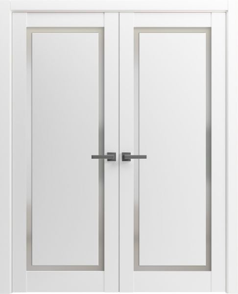 Solid French Double Doors | Planum 0888 Painted White with Frosted Glass | Wood Solid Panel Frame Trims | Closet Bedroom Sturdy Doors -36" x 80" (2* 18x80)-Butterfly