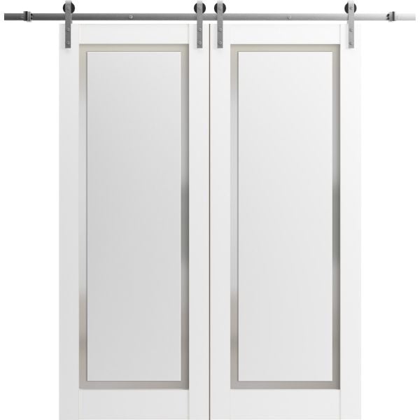 Sliding Double Barn Doors with Hardware | Planum 0888 Painted White with Frosted Glass | Silver 13FT Rail Hangers Sturdy Set | Modern Solid Panel Interior Hall Bedroom Bathroom Door — United Porte