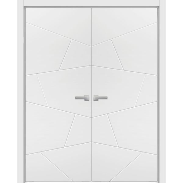 Planum Solid French Double Doors | Planum 0990 Painted White Matte | Wood Solid Panel Frame Trims | Closet Bedroom Sturdy Doors 
