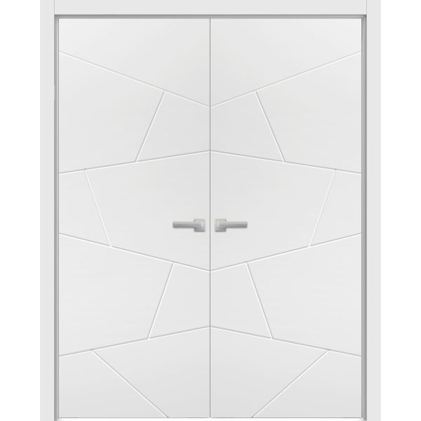 Solid French Double Doors | Planum 0990 Painted White Matte | Wood Solid Panel Frame Trims | Closet Bedroom Sturdy Doors -56" x 96" (2* 28x96)