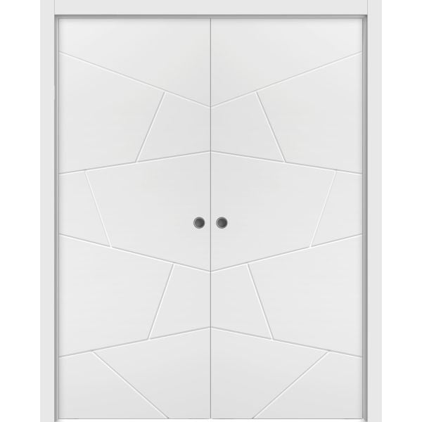 Modern Double Pocket Doors | Planum 0990 Painted White Matte | Kit Trims Rail Hardware | Solid Wood Interior Bedroom Sliding Closet Sturdy Door