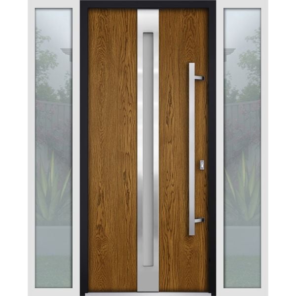 Front Exterior Prehung Steel Door / Deux 1744 Natural Oak / 2 Sidelight Exterior White Windows / Stainless Inserts Single Modern Painted-W16+36+16" x H80"-Left-hand Inswing